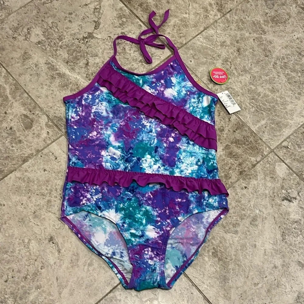 The Children’s Place Purple Ruffle Tie Dye One Piece Halter Swimsuit NEW Large